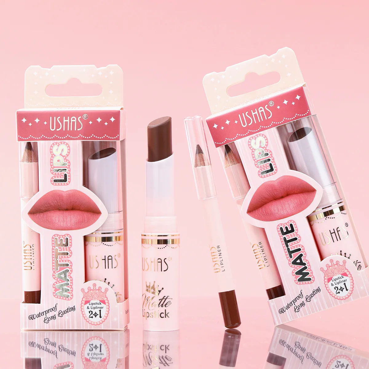 Juego de lápiz labial mate + delineador de labios de 6 colores USHAS, juego colorido de taza antiadherente resistente al agua y al sudor