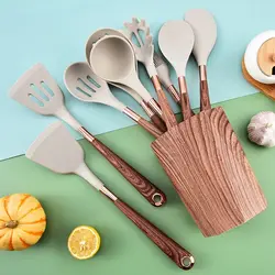 Silicone Kitchen Cooking Tool Set with Long Wooden Handle Non-Stick Frying Spatula Colander Shovel Soup Spoon Kitchenware