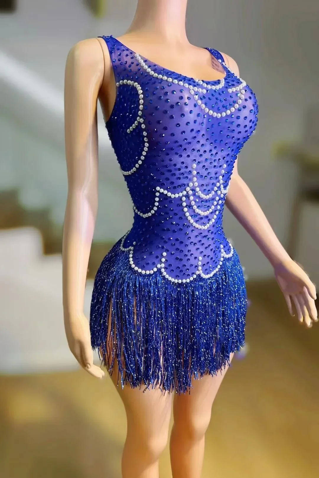 Sparkly Rhinestones Sleeveless Fringes Bodysuit Women Nightclub Singer Dancer Stage Outfit Sexy Mesh Performance Dance Costume