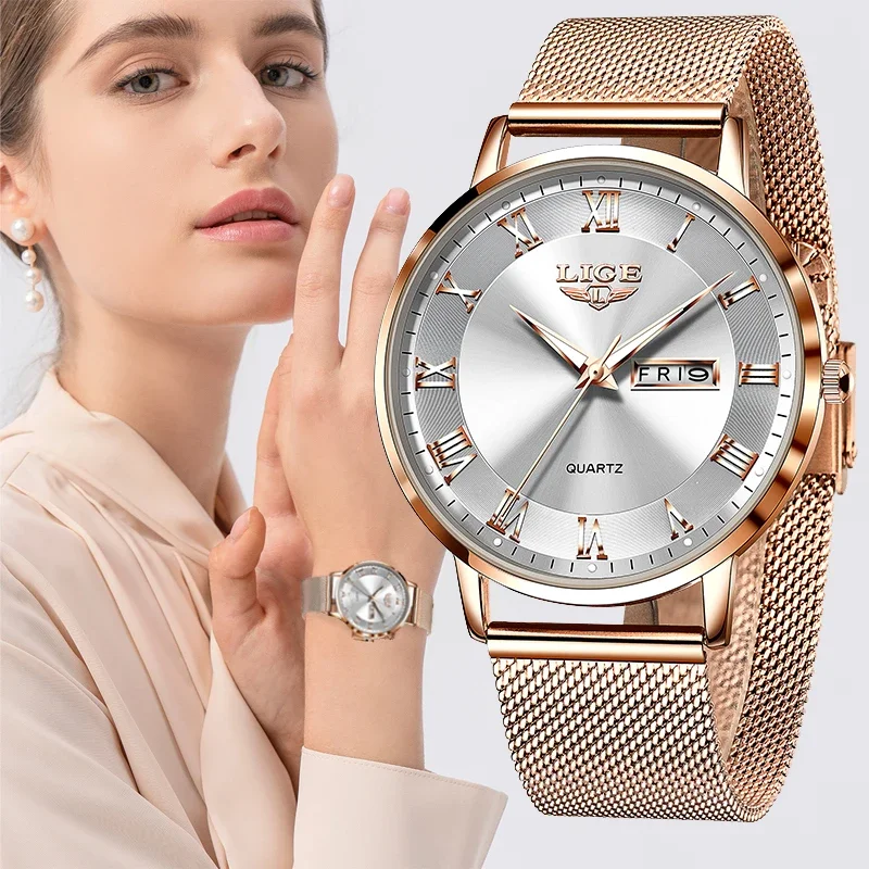 LIGE Brand Fashion Luxury Women Watch Waterproof Rose Gold Steel Mesh Strap Ladies Wristwatches Bracelet Clocks Relogio Feminino