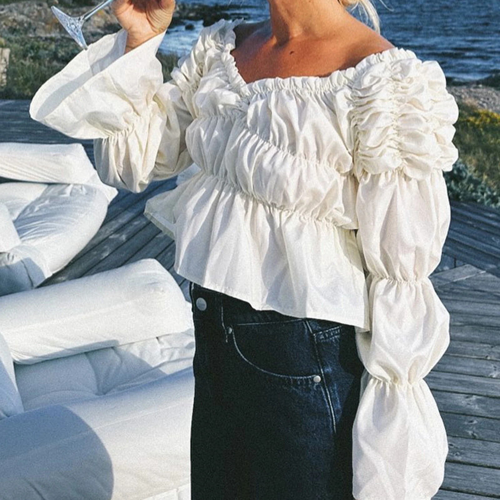 Tops elegantes con pliegues y - Off Shoulder Blouse reseña y precio
