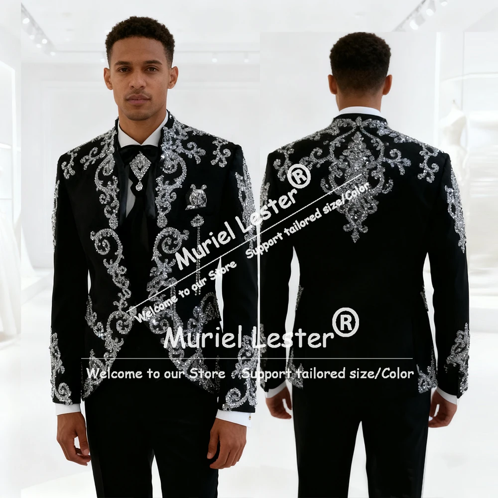 

Exquisite Beaded Crystals Men Suit Attire 3 Piece Set Single Breasted Prom Blazers Customized Groom Wedding Tuxedos Ropa Hombre