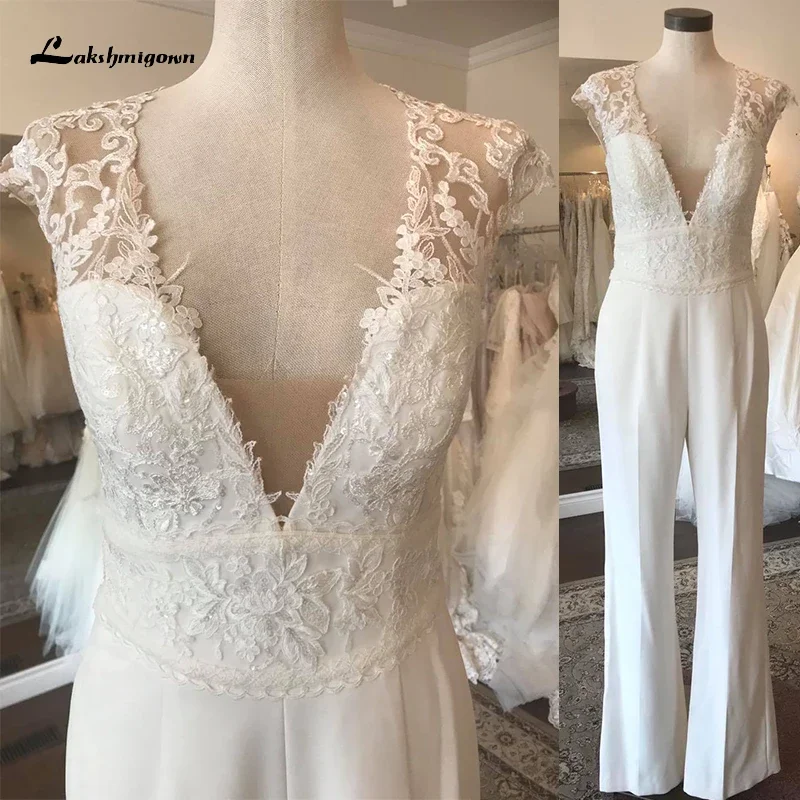 Boho Sheath Jumpsuit Wedding Dresses For Women Sexy Deep V-neck Short Cap Sleeve Lace Appliques Back Button Bridal Gown vestidos