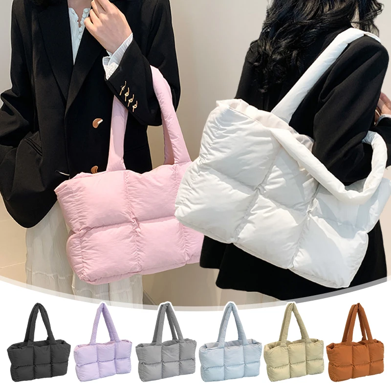 

Puffer Tote Bag for Women Cotton Padded Shoulder Bag Large Capacity Handbag Quilted Puffy Shopping Travel ﻿trendy Commuting Bags