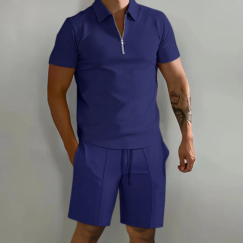 Summer New Solid Color Men\'s Sets High Street POLO Collar Short Sleeve Zip Fastener Pullovers Elastic Waist Pockets Y2K Shorts