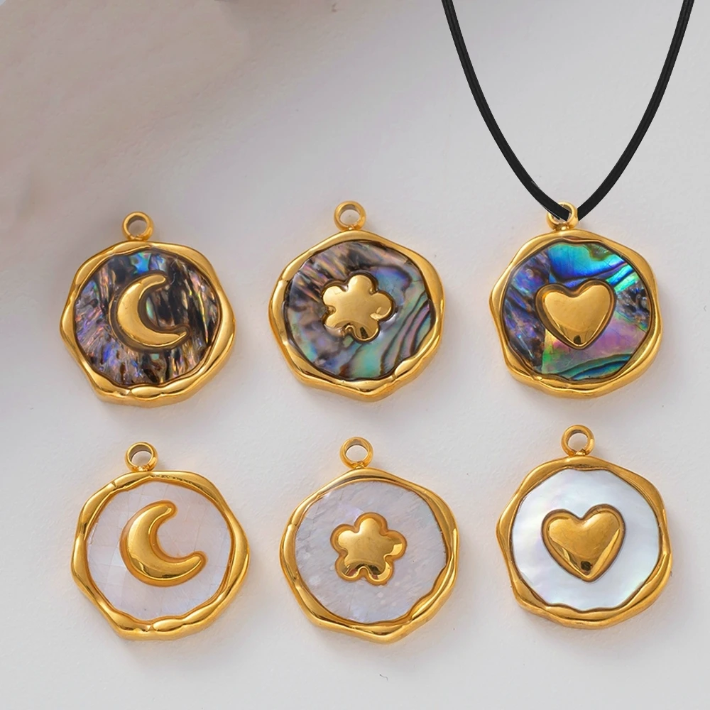 2pcs Stainless Steel Gold Enamel Flower White Shell Heart Moon Bracelet Charm for DIY Necklace Earring Component Jewelry Making view 2