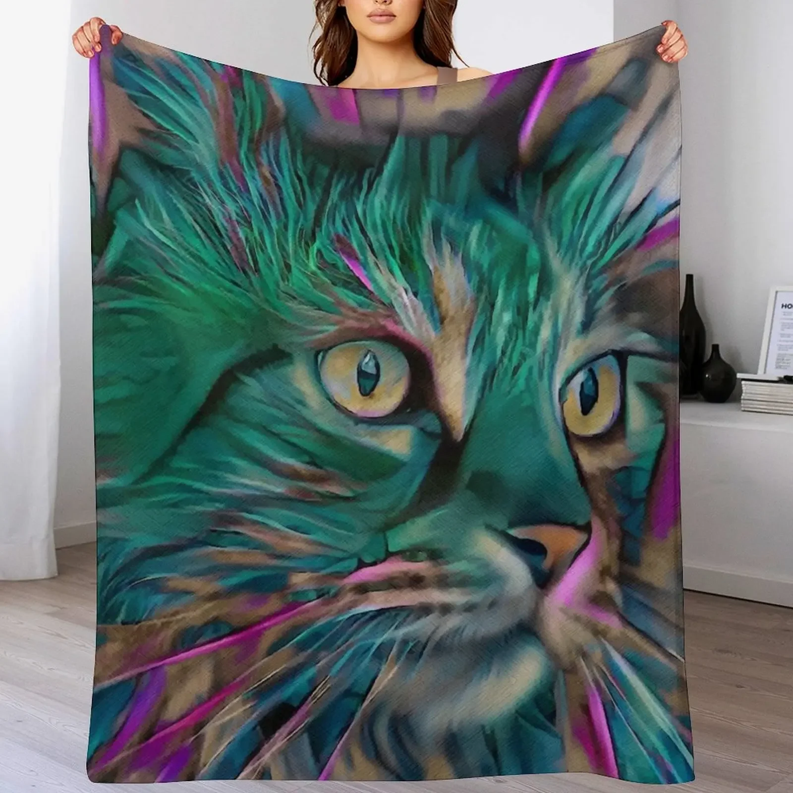 Couverture en microfibre douillette Mara Verde, motif chat, chaton, peintures de Lea Roche, pour la maison et la chambre