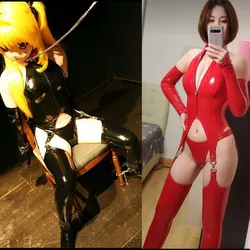 Cosplay Anime Maid Costume Leather Latex Catsuit Bodystocking Sexy Hot Erotic Roleplay Bodysuit Golves Stocking Outfits Clubwear