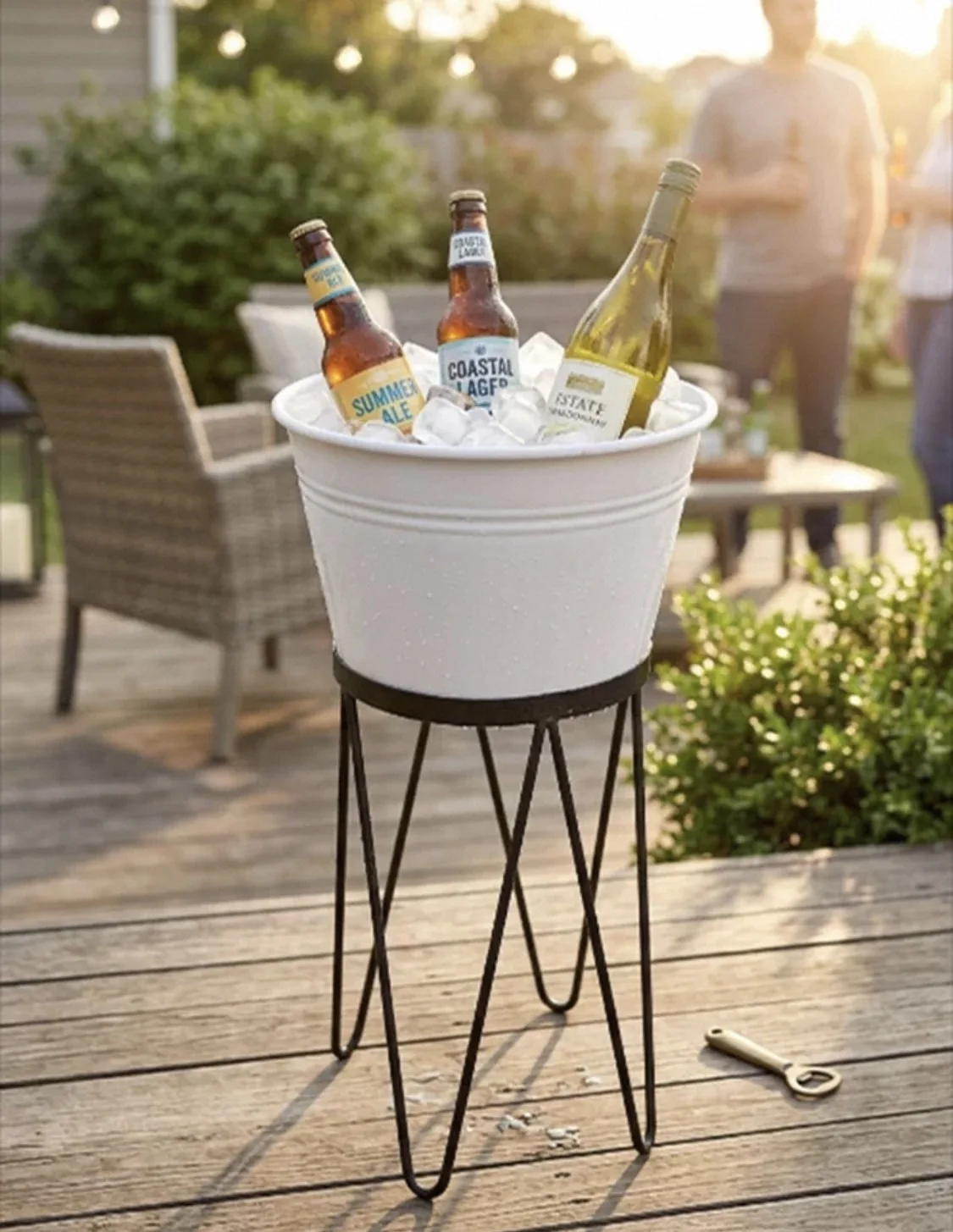 

Vintage Iron Beverage Tub Stand with Bottle Opener, Detachable Metal Ice Bucket Holder, Party Wine Cooler & Drink Storage Rack