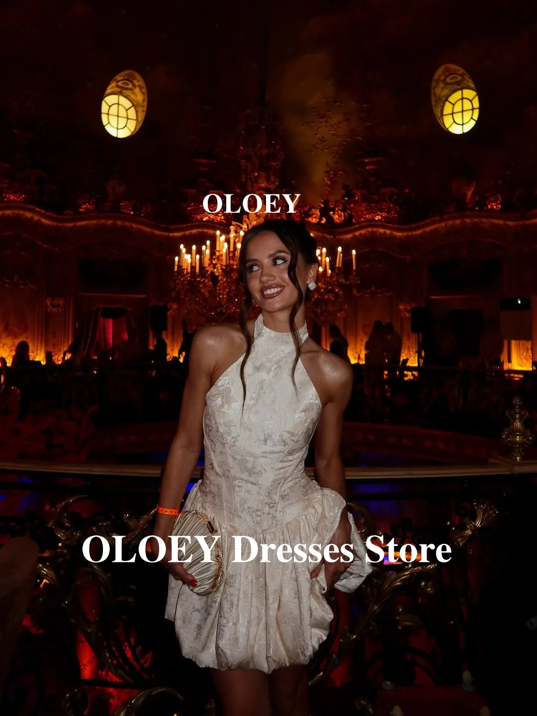 OLOEY Elegant Printed Mini Short Prom Party Dresses Women High Neck Classic Cocktail Dress Formal Event Gowns Wedding Ivory