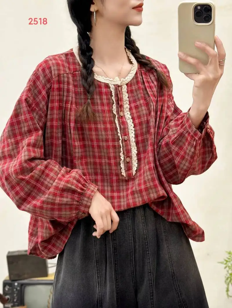 New 2025 Fall Cotton Long Sleeve Shirt, Women O Neck Plaid Ruffles Patchwork, Mori Girl Retro Preppy Style Loose Blouse T5O582CC