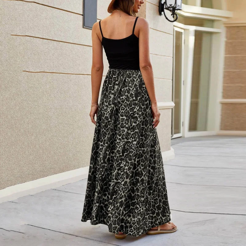 فستان نسائي طويل بطبعة الفهد فستان صيفي للشاطئ مطوي ومرن عالي الخصر فساتين طويلة للنساء كاجوال