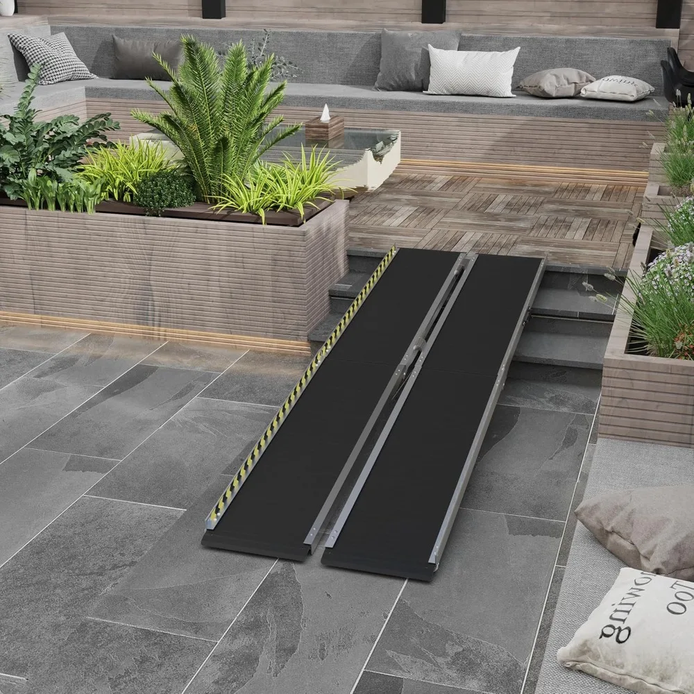 10FT Foldable Threshold Ramp, Aluminum Handicap Ramp with Non-Slip Surface, Transition Plates Above and Below, 600lbs Capacity