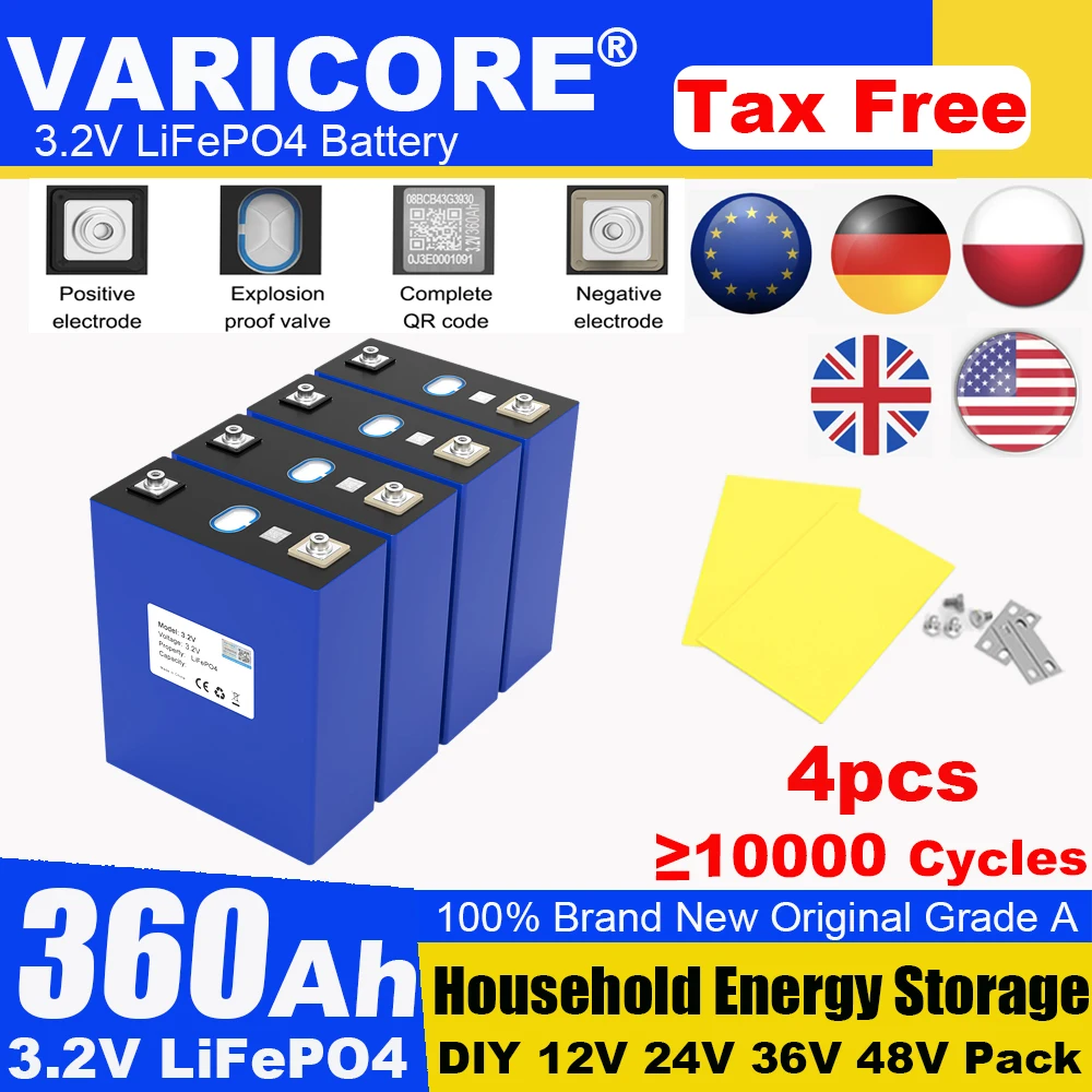 

4pcs 3.2V 360Ah LiFePO4 Battery pack Lithium Iron Phosphate for 12v 24v 36V 48V Travel Solar Campers Golf Cart Yacht Tax Free