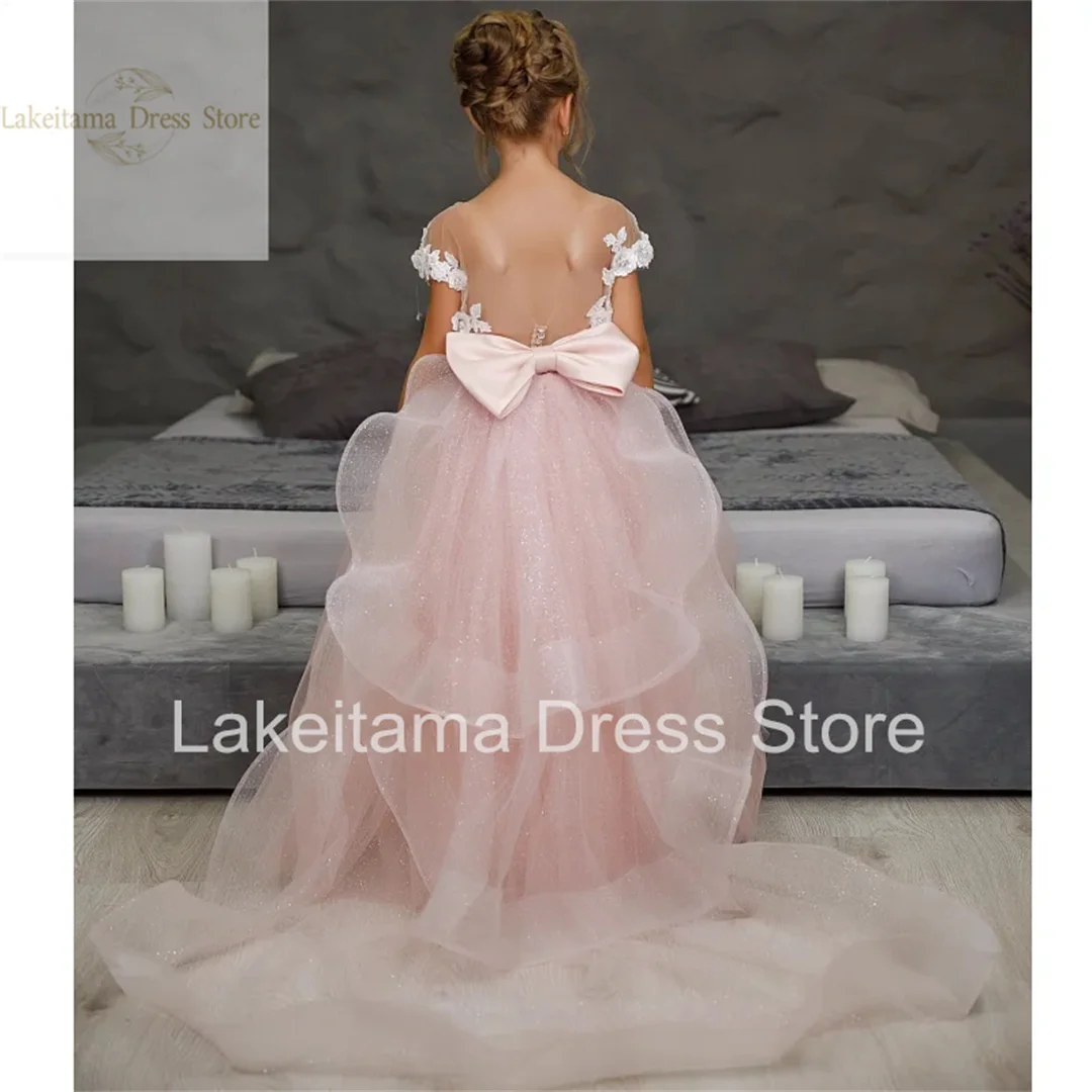 Pink Flower Girl Dresses Tulle White 3D Flowers With Bow Short Sleeve For Wedding Birthday Party First Communion Gowns