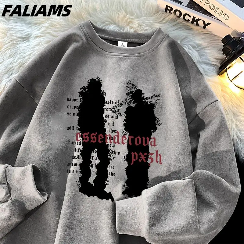 Suede American Retro Long Sleeved T-shirt for Men Trendy Loose Fit Printed Hoodie
