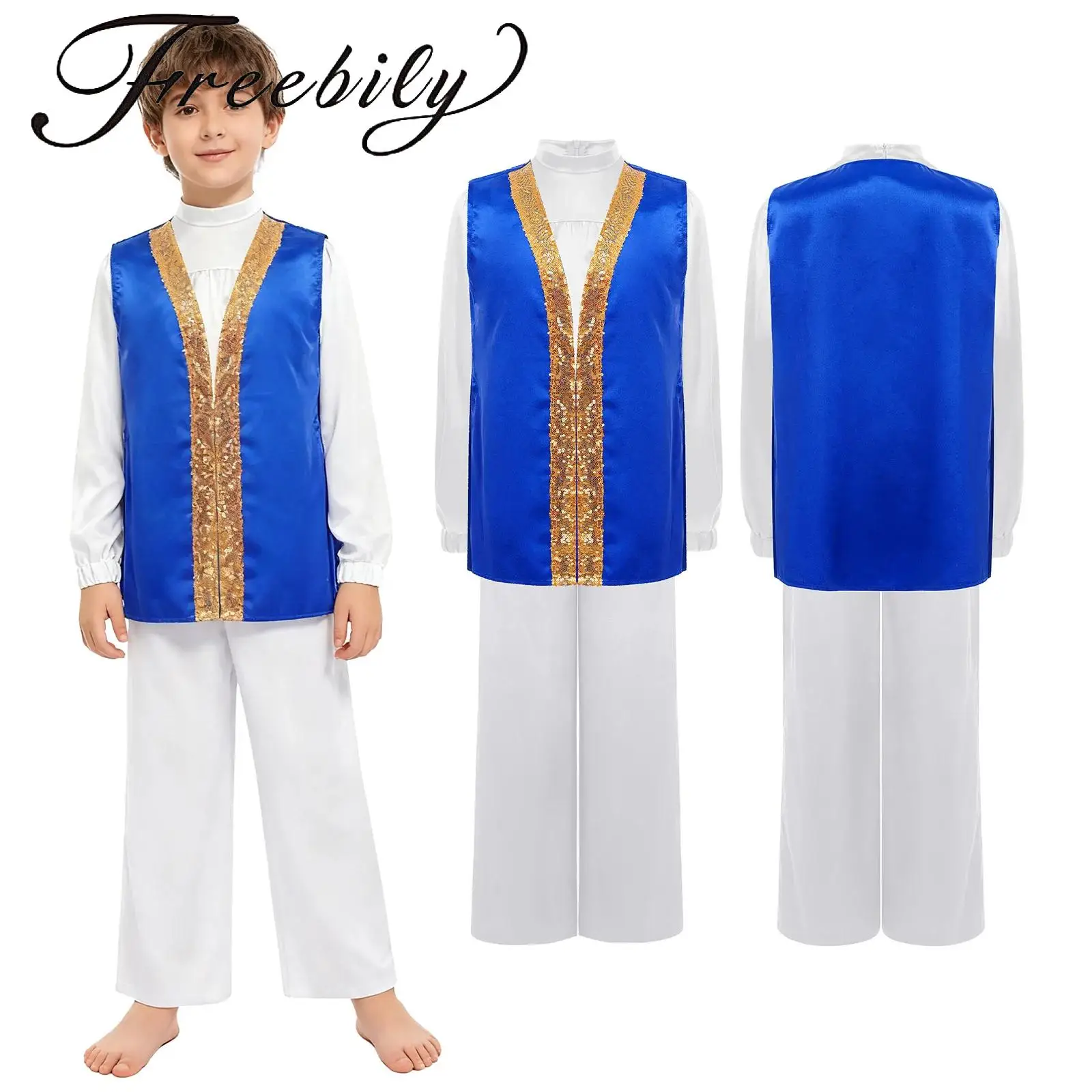 

Kids Boys Praise Satin Dance Outfit Long Sleeve Top with Elastic Waistband Wide-Leg Pants And Sides Split Sequins Robe