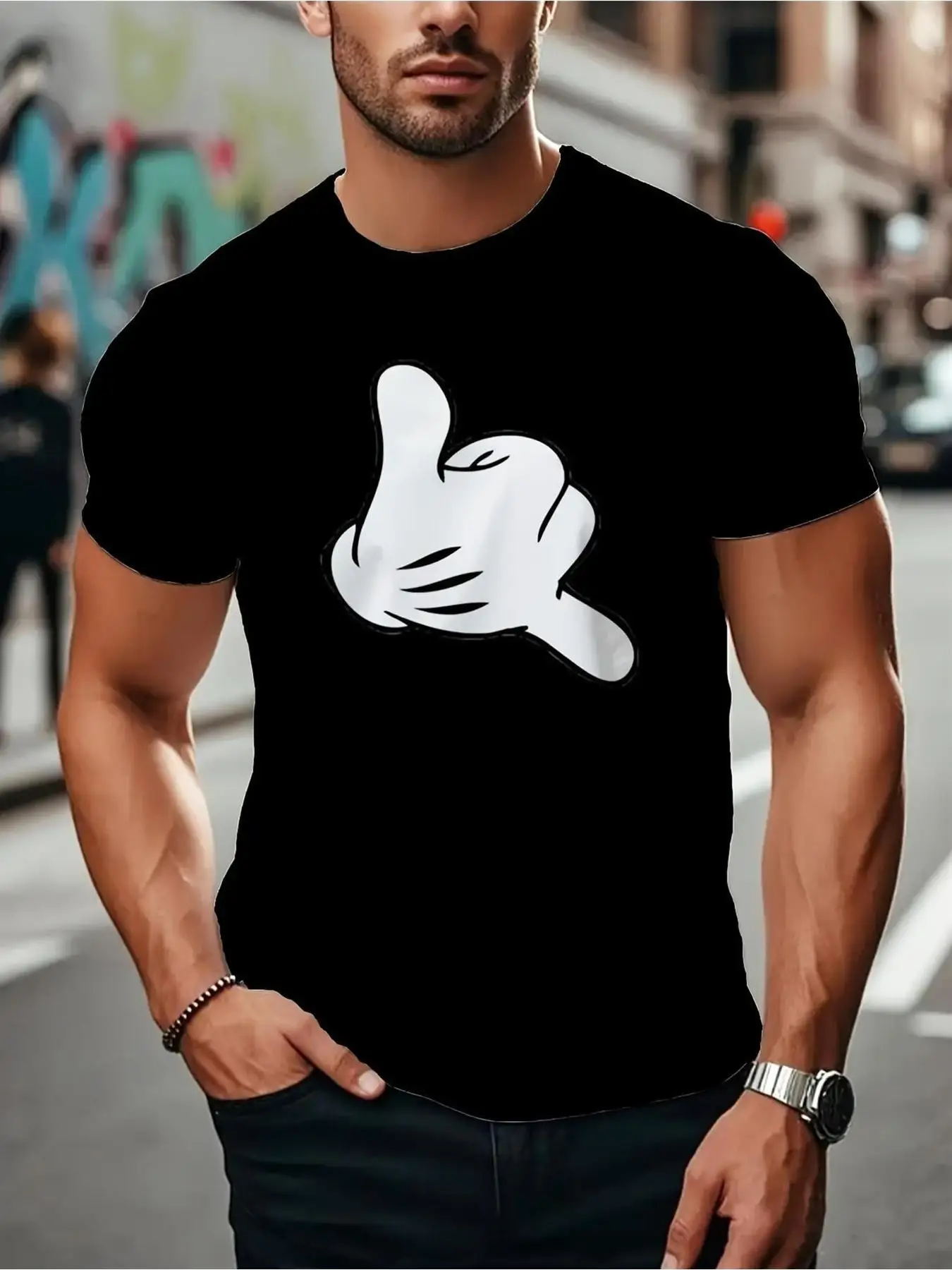 Men'S Black T-Shirt with White Stylized Hand Gesture, Casual Loose Fit, Trendy Graphic Print, Versatile Round Neck Top, Perfect for Style, Fashionable And Slimming Design, Ideal for Everyda.jpg