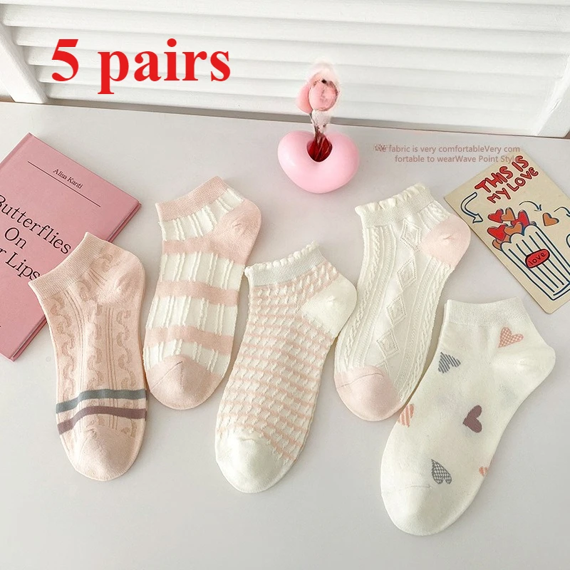 

5 Pairs of Women's Ladies Summer Thin Pink Department Short Ankle Socks Versatile Fashion Breathable Comfortable Leisure Socks