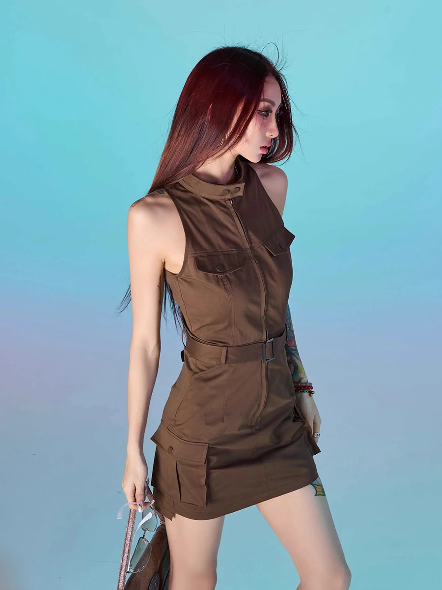 RORORIRI Big Pockets Mini Cargo Dress Women Stand Collar Belt Zip-up Solid Brown Sleeveless Tank Dress Vintage Y2k Streetwear