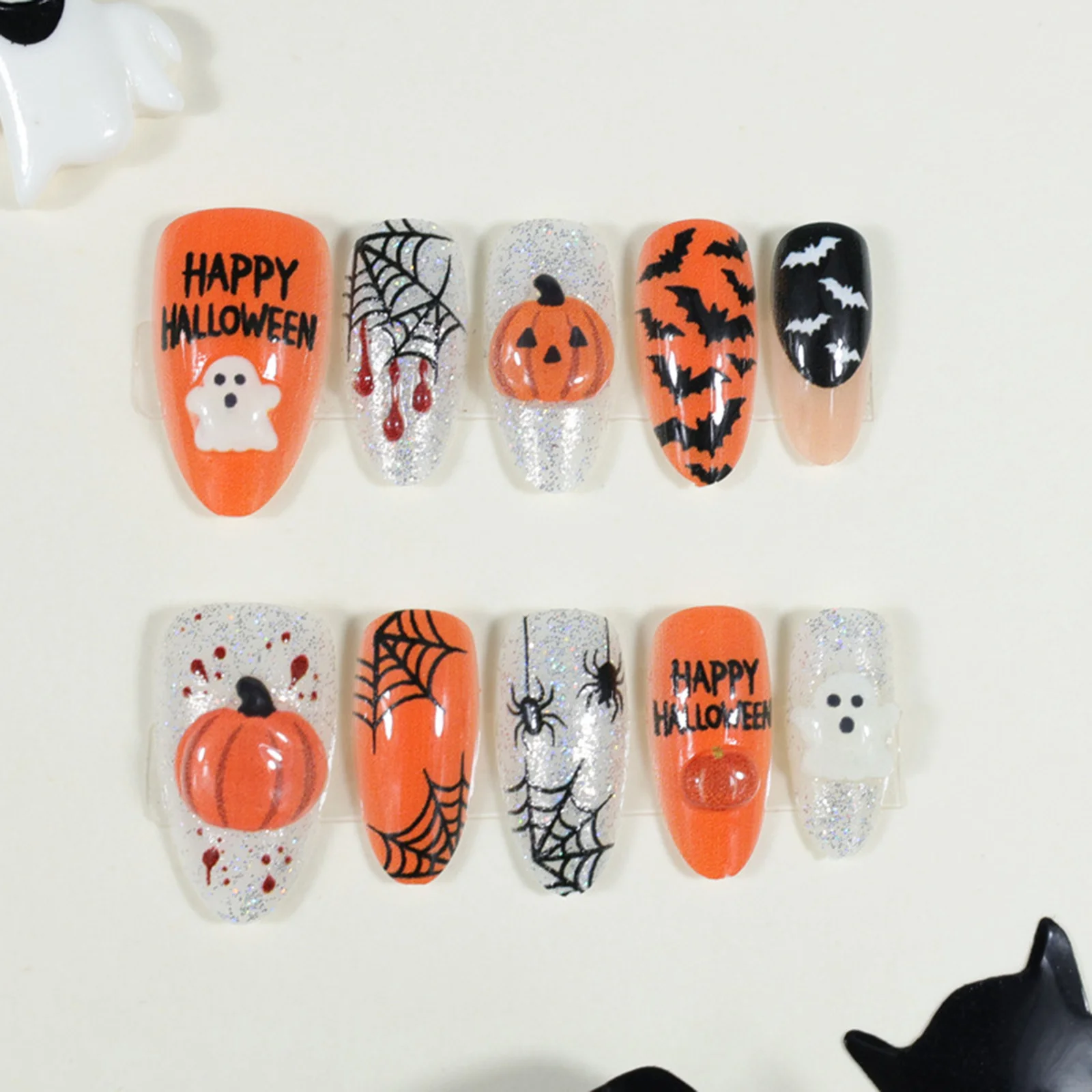 30 Stück Lustige Halloween-Press-On-Nägel mit Niedlichen Geister-, Kürbis-, Fledermaus- und Spinnennetz-Mustern, Glänzende Mandel-Form Künstliche Nägel für Partys – Detail 8