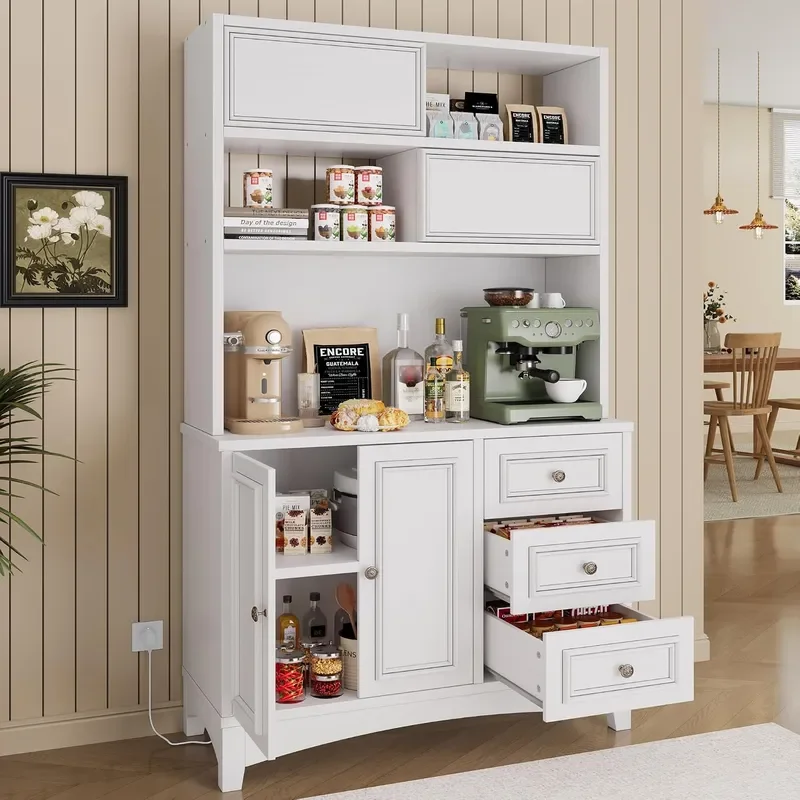 71 Tall Kitchen Pantry Cabinet with Microwave Shelf Built-in Charging Station Sliding Door Cabinet with Drawer Storage
