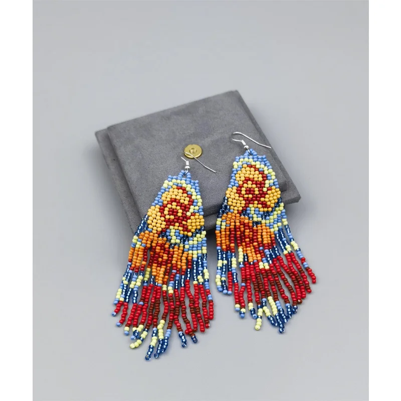 Floral Pattern Beaded Tassel Drop Earrings