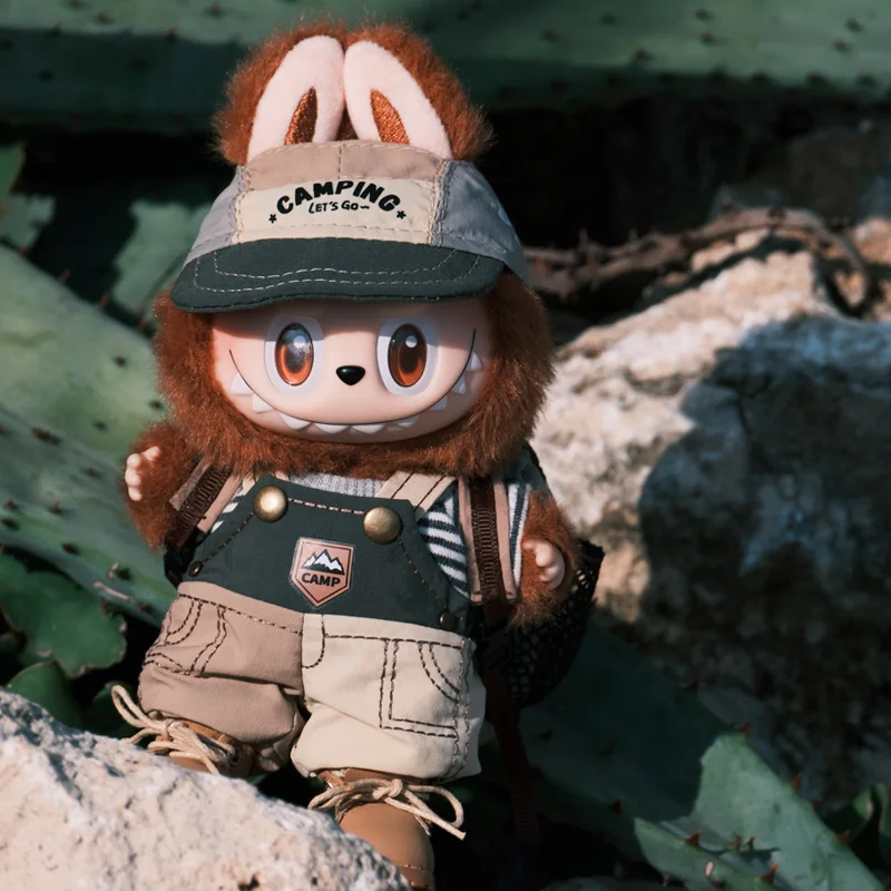 Original 17cm For Labubu Camping Outfit Set Mountain Style Cap Overalls Backpack Trendy Doll Clothes For Collectible Camping Toy