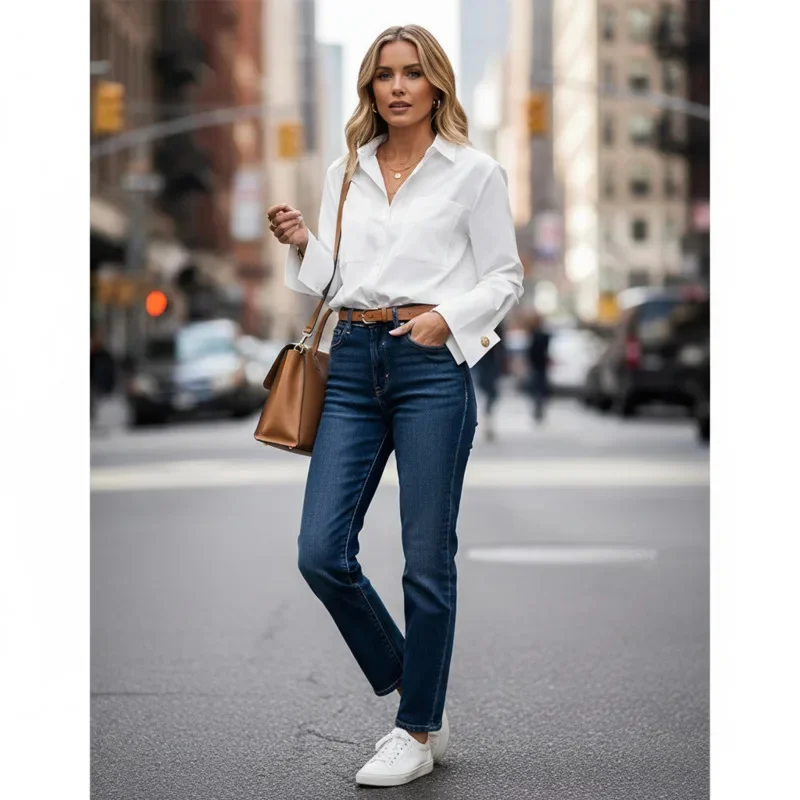 Elegante witte damesblouse met revers, kantooroverhemd met lange mouwen en zakken, casual klassieke top voor dames, stijlvolle vrouwelijke kleding