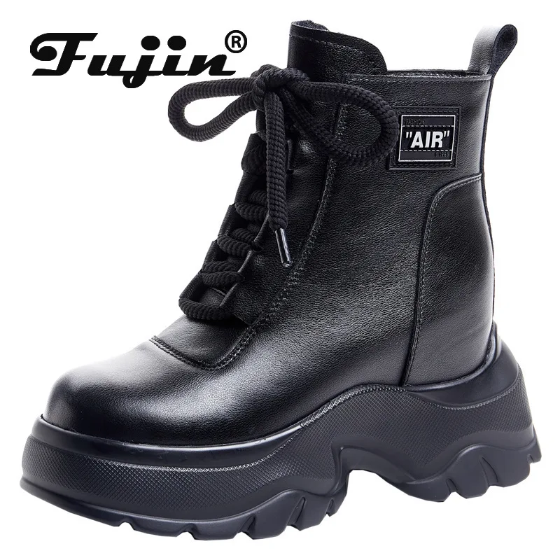 

Fujin 9.5cm British Genuine Leather Platform Autumn Winter Motorcycle Platform Ankle Boots Hidden Heel Women ZIP Fashion Shoes