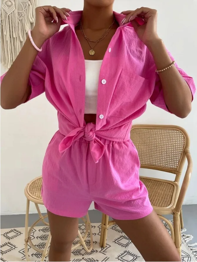   Setelan Wanita Katun Linen ket irt orts Set Pakaian Musim Panas Faion Kasual Pakaian Kerja Pelajar orm