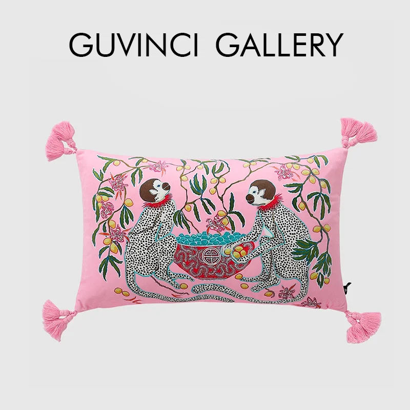 

GUVINCI Spotted Monkeys And Lemon Trees Decorative Cushion Cover Luxury Velvet Art Print Chinoiserie Lumbar Pillow Case 30x50cm