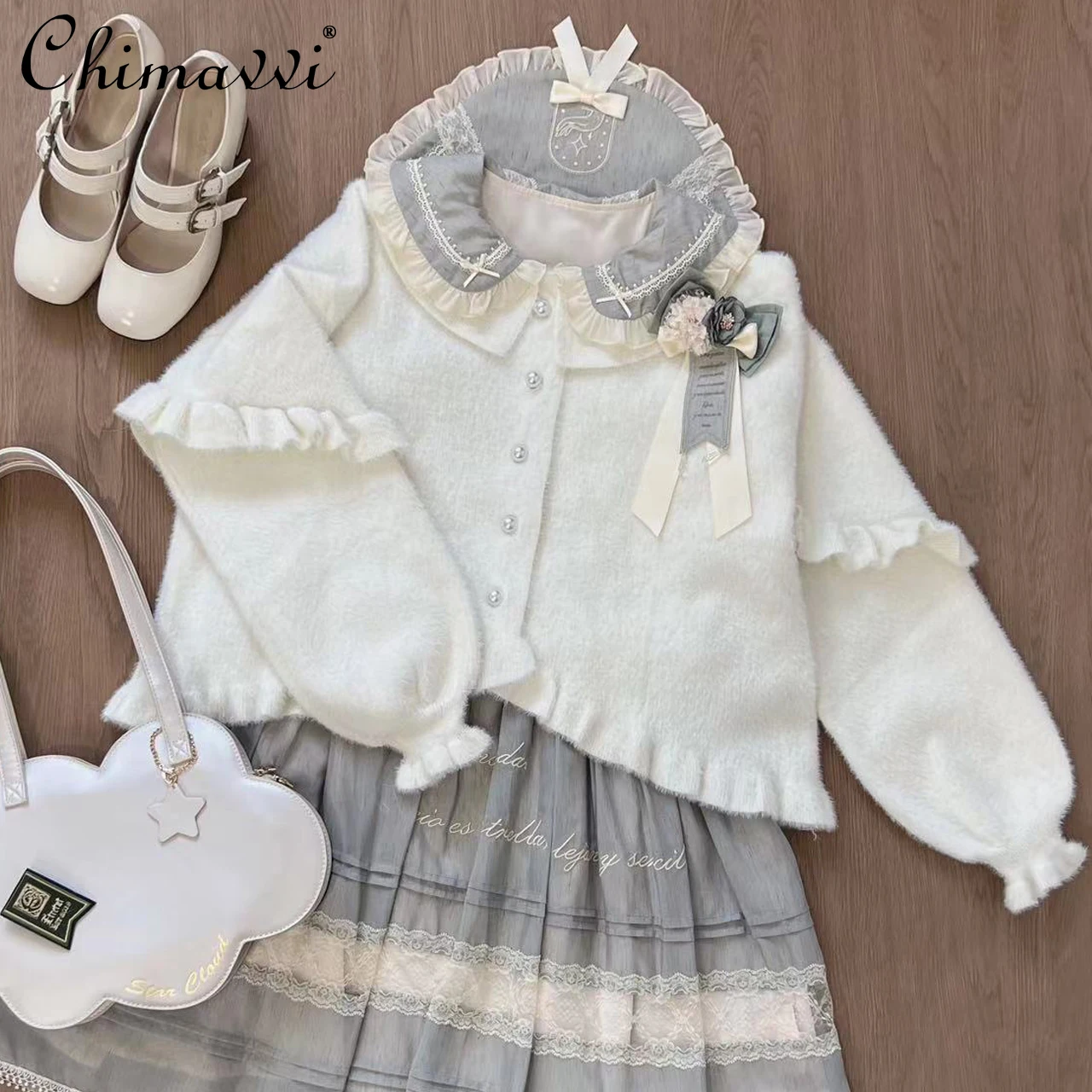 Autumn Winter New Fashion Japanese Style Puff Sleeve Sweater Thick Coat Lolita Cute Loose Girly Lace Women's Knitted Cardigan