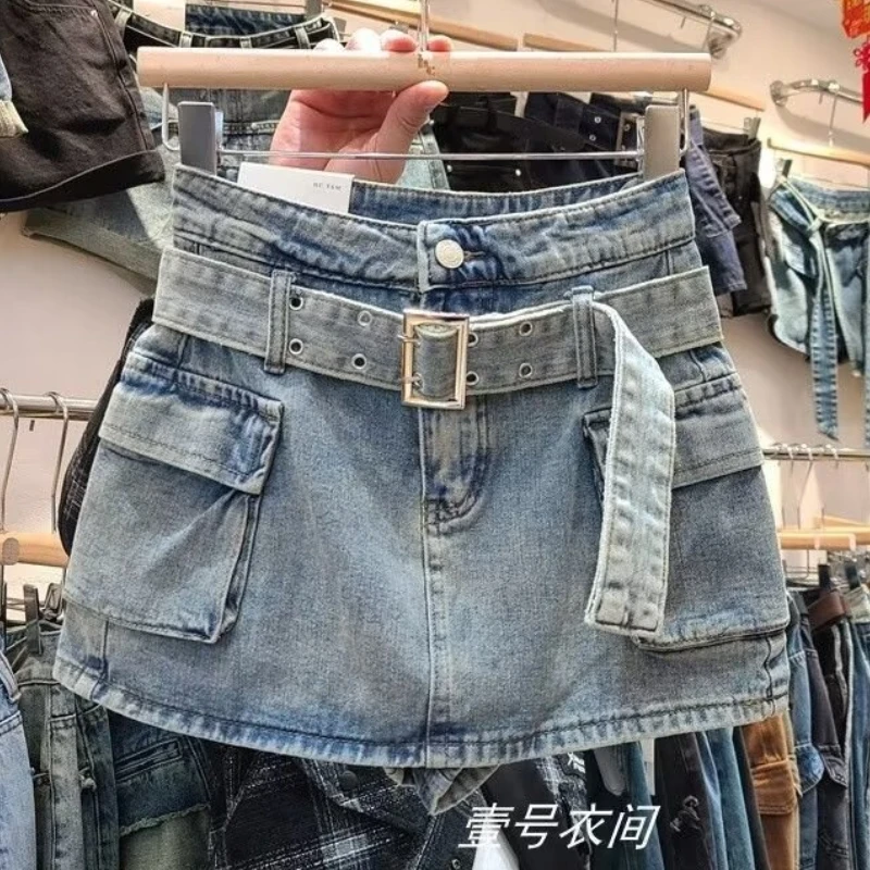Denim Skirts Women Short Skirt A Line Slim Streetwear Hip Wrap Button High Waist Elegant Mom Jeans Y2k Party Night Summer 2025