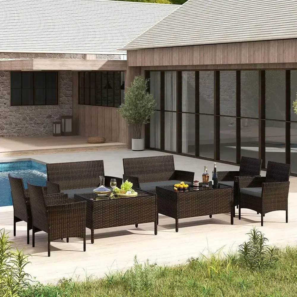 8-Piece Outdoor Rattan Patio Furniture Set with Cushions, Sectional Sofa, Loveseat, and Glass Table in Grey