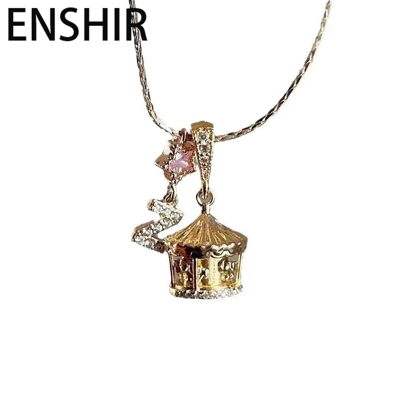 ENSHIR Letter Star Carousel Inlaid Zircon Pendant Necklace For Women Sweet Niche Design Luxurious Jewelry Gift