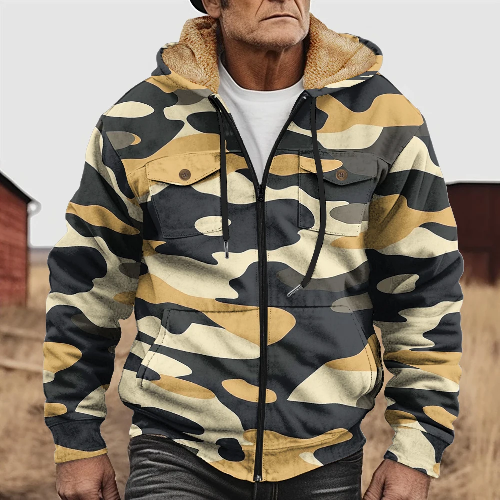 

Men Winter Tactical Hooded Parka Jackets Coats Print Zip-Front Button Pockets Hunting Farmer Streetwear Outerwear