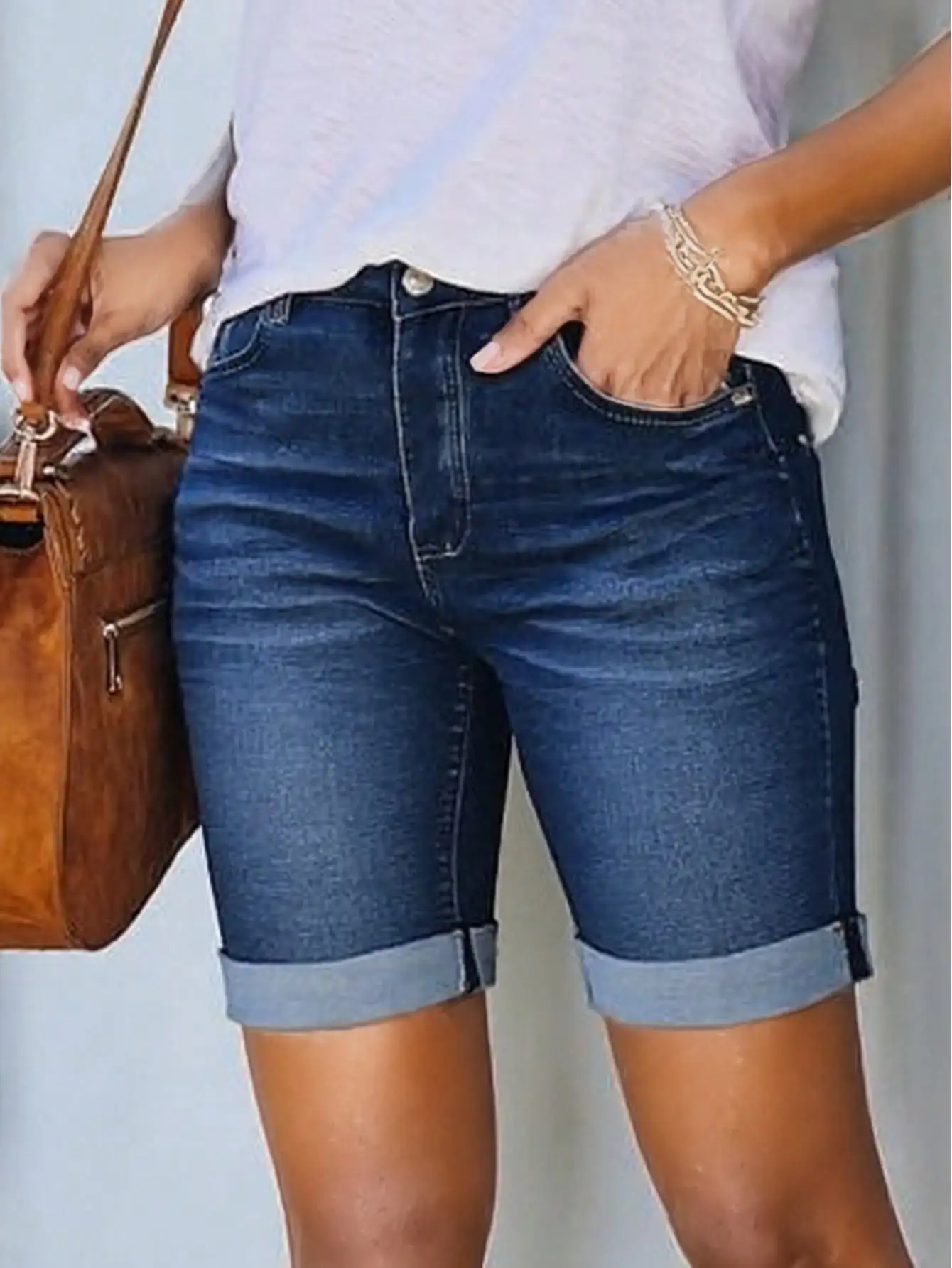 

Women's High Waist Stretchy Denim Shorts with Rolled Cuffs and Pockets, Casual Summer Style