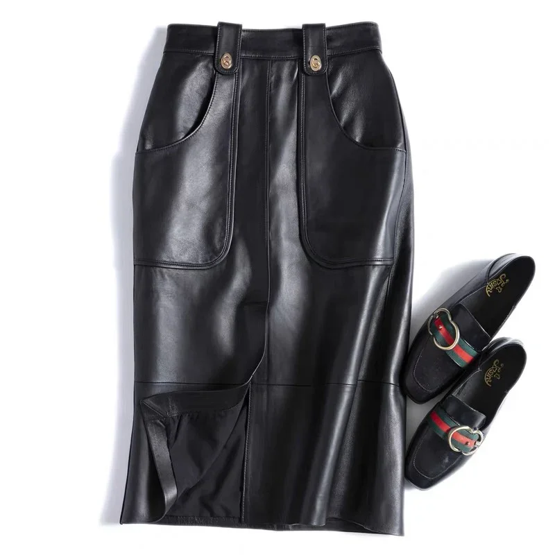 Fashion New Genuine Leather Office Lady for Women Sheepskin Elastic Waist Wrap Long Faldas Mujer Mid Length Front Slit Pocket