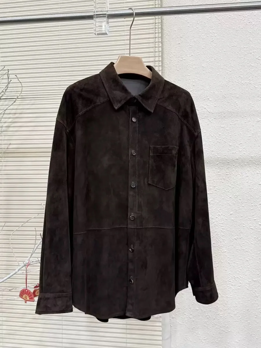 

2025 Retro Sheepskin Leatherr Brown Jacket for Women Trendy Kid Suede Coat Streetwear Femini Suit Collar Shirt style jacket