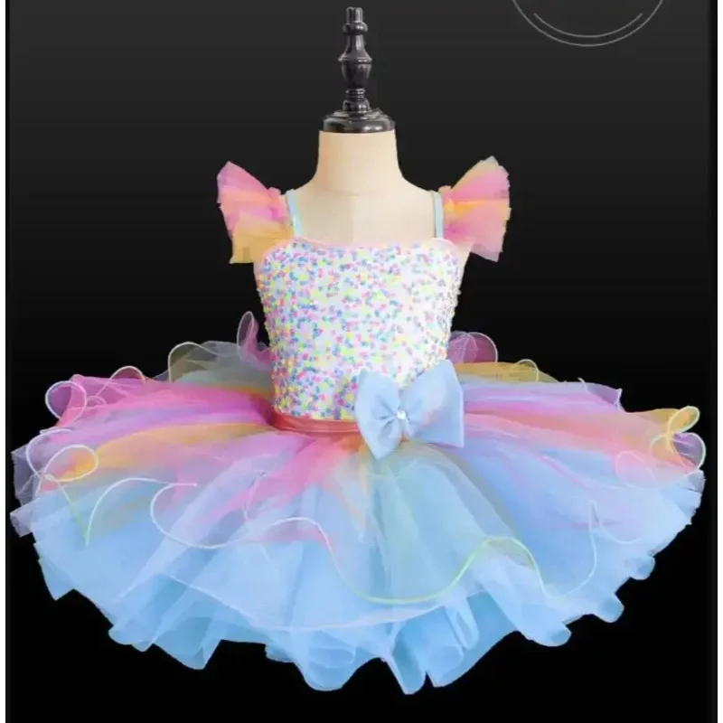 Children Ballroom Clothing Sequined Ballet Tutu Dress Girls Rainbow Color Modern Performance Clothing Wear Ballet Princess Dress