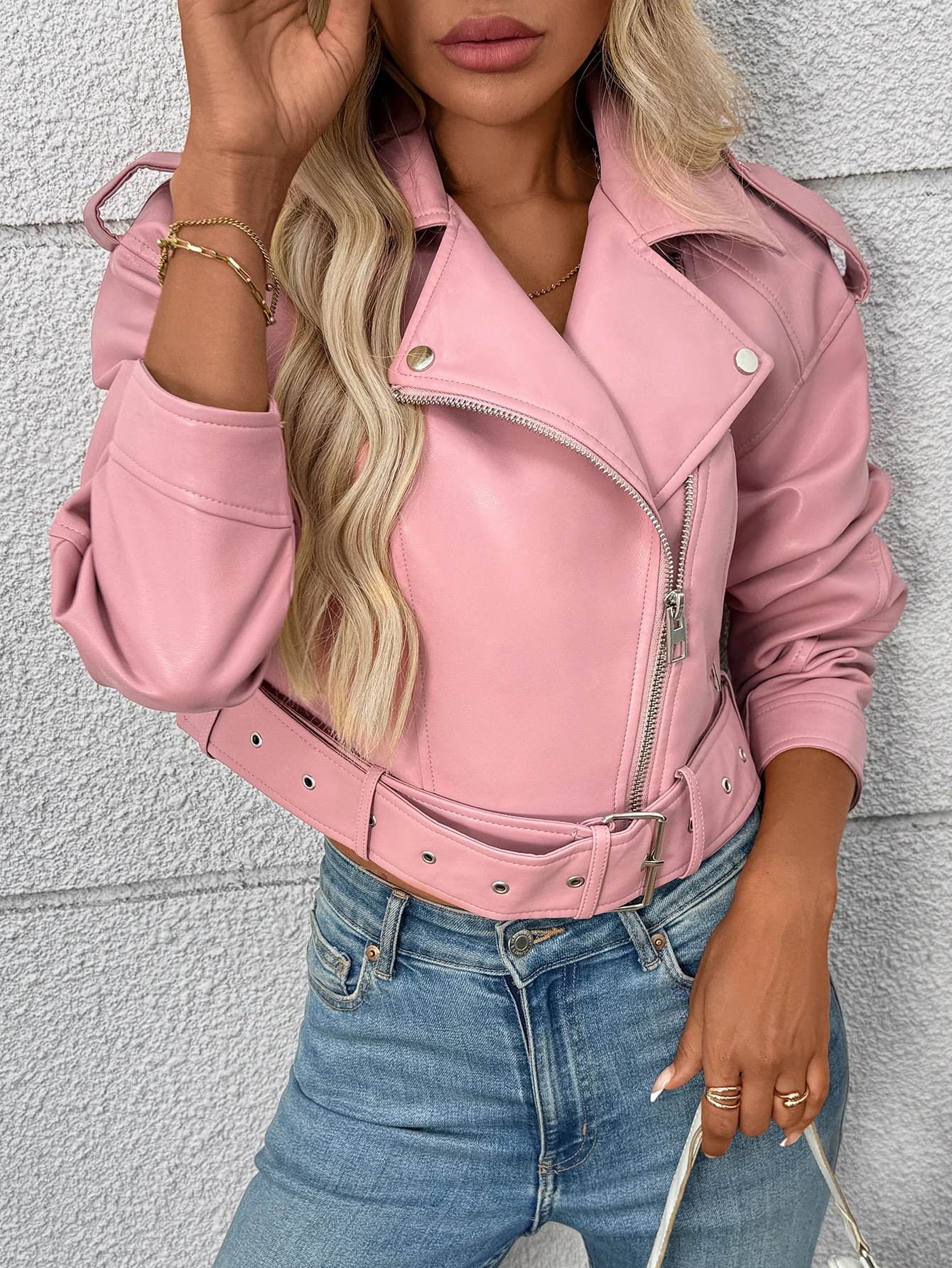 سترة Fitaylor النسائية المصنوعة من الجلد الصناعي مع طية صدر السترة للدراجات النارية من الجلد معطف وردي كاجوال