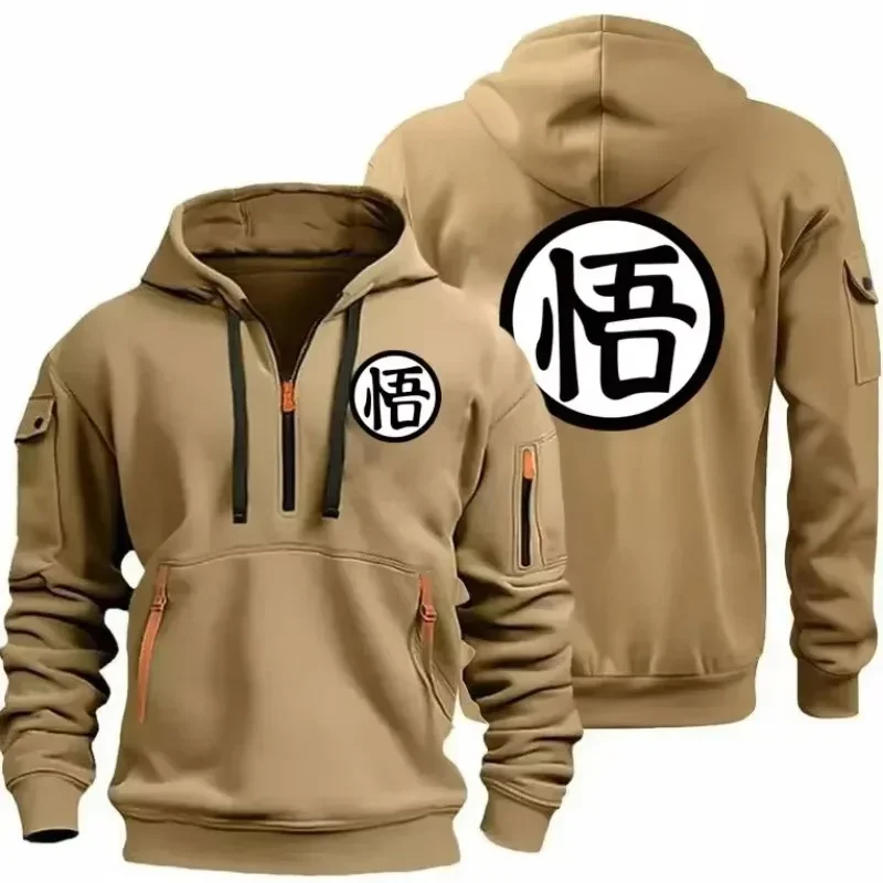 Dragon Ball Goku Kanji Kapuzenpullover mit halbem Reißverschluss, schwerer Stoff, Anime-Grafik, mehrere Taschen, Herren-Streetwear, Pullover-Sweatshirt – Detail 6