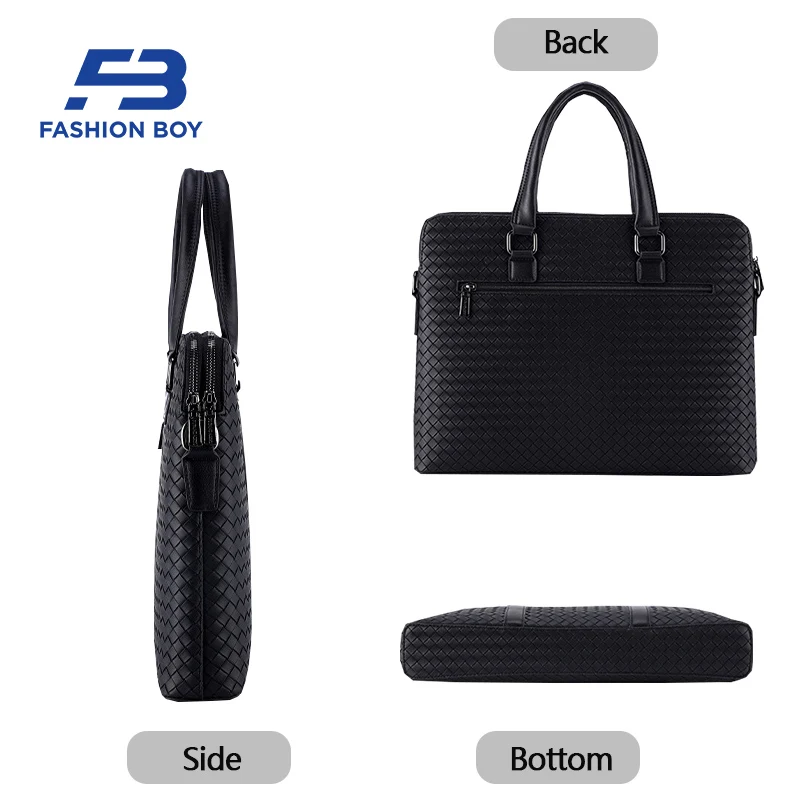 FASHION BOY Men Leather Briefcase Casual Fashion Laptop Bags 14-inch Double Zipper Handle Document Bag