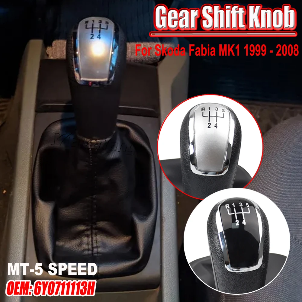 R12345 Black/Silver Cover 5 Speed Manual Leather Gear shift Knob For Skoda Fabia MK1 1999 2000 2001 2002 2003-2008 6Y0711113H