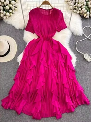 Ladies Elegant Chiffon Pleat Party Vacation Long Dress Summer Round Neck Short Sleeve High Waist Slim A-line Ruffle Edge Robe