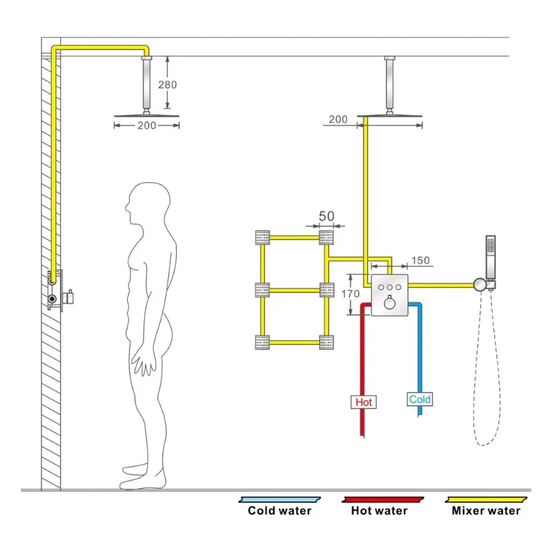 Pommeau de douche moderne de 8 pouces avec bras de douche au plafond, commande par bouton thermostatique, ensemble de robinets de salle de bains en laiton