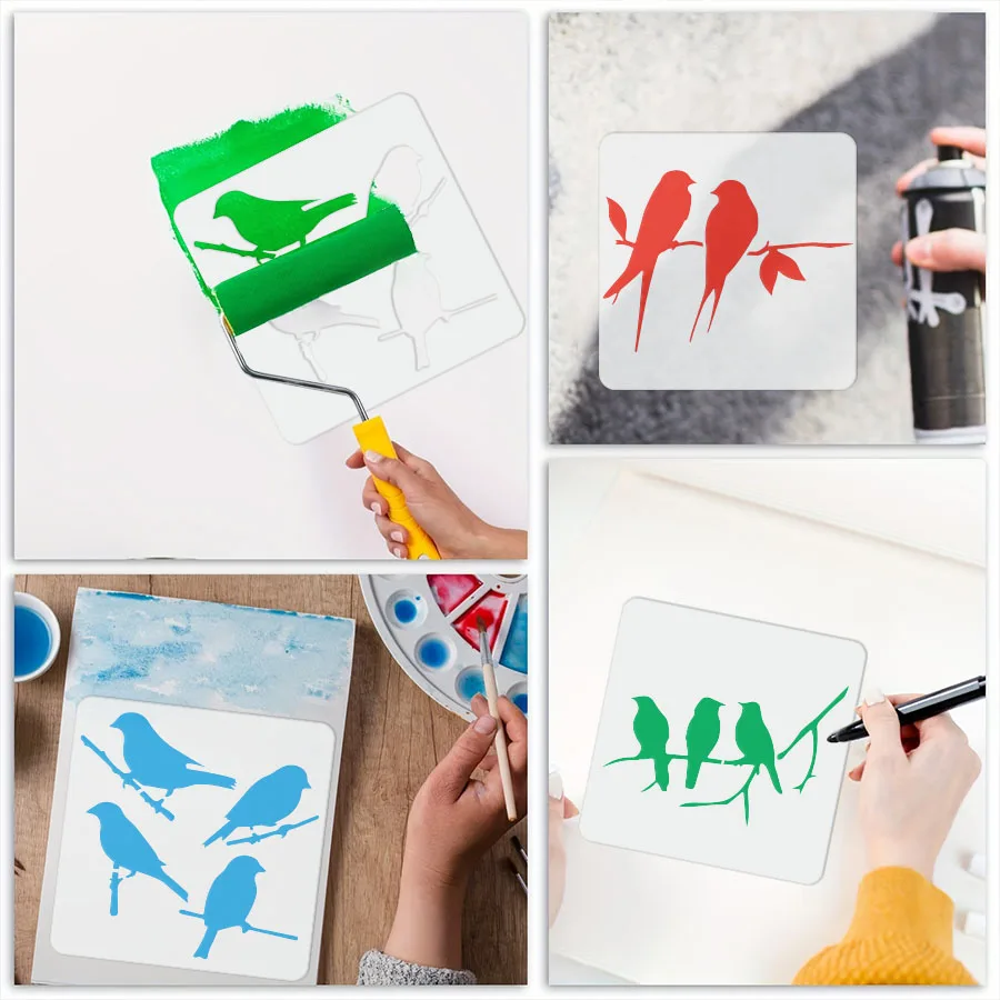 4 قطعة فرع مرسومة باليد مقاس 6*6 بوصة مع قالب أربعة طيور AI/PSD نمط زخرفي قابل للتحرير بدون قطع لبطاقة المجلات مواد ذاتية الصنع