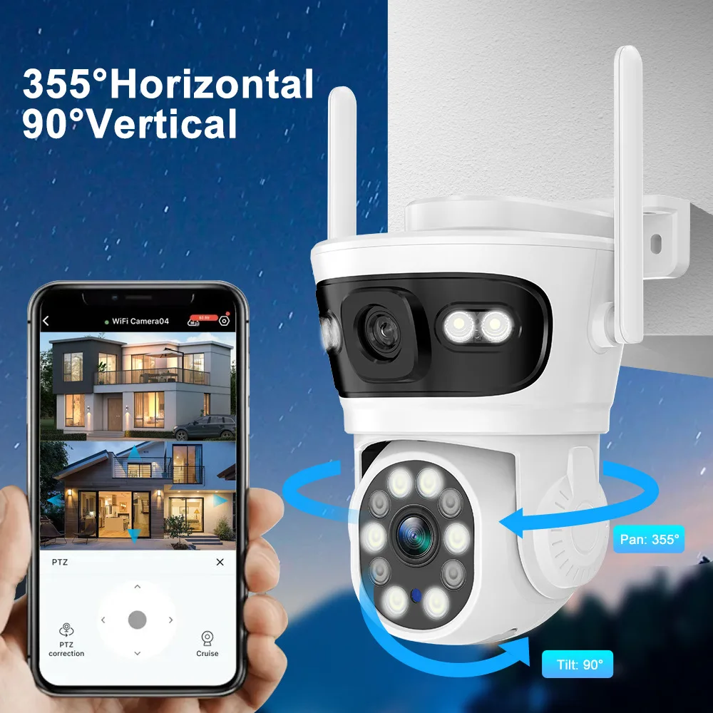 HFWVISION 6MP PTZ Wifi Camera 360°Dual Lens Dual Screen IP Camera Smart Home Outdoor 4X Zoom IP65 HD CCTV Surveillance Camera