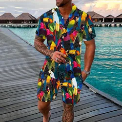 Animalier Parrot Print Button Shirt Hawaii Shorts Set of Two Pieces Men's Clothing Coordinated Set holiday Club Party Beachwear